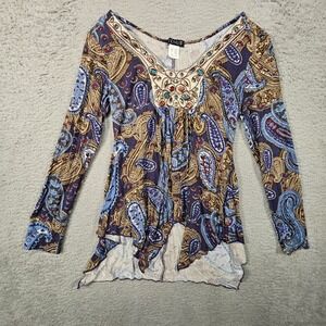 Venus Babydoll Top Womens M Paisley Rhinestone Boho Y2K 90s Dark Fairy‎ Ethereal